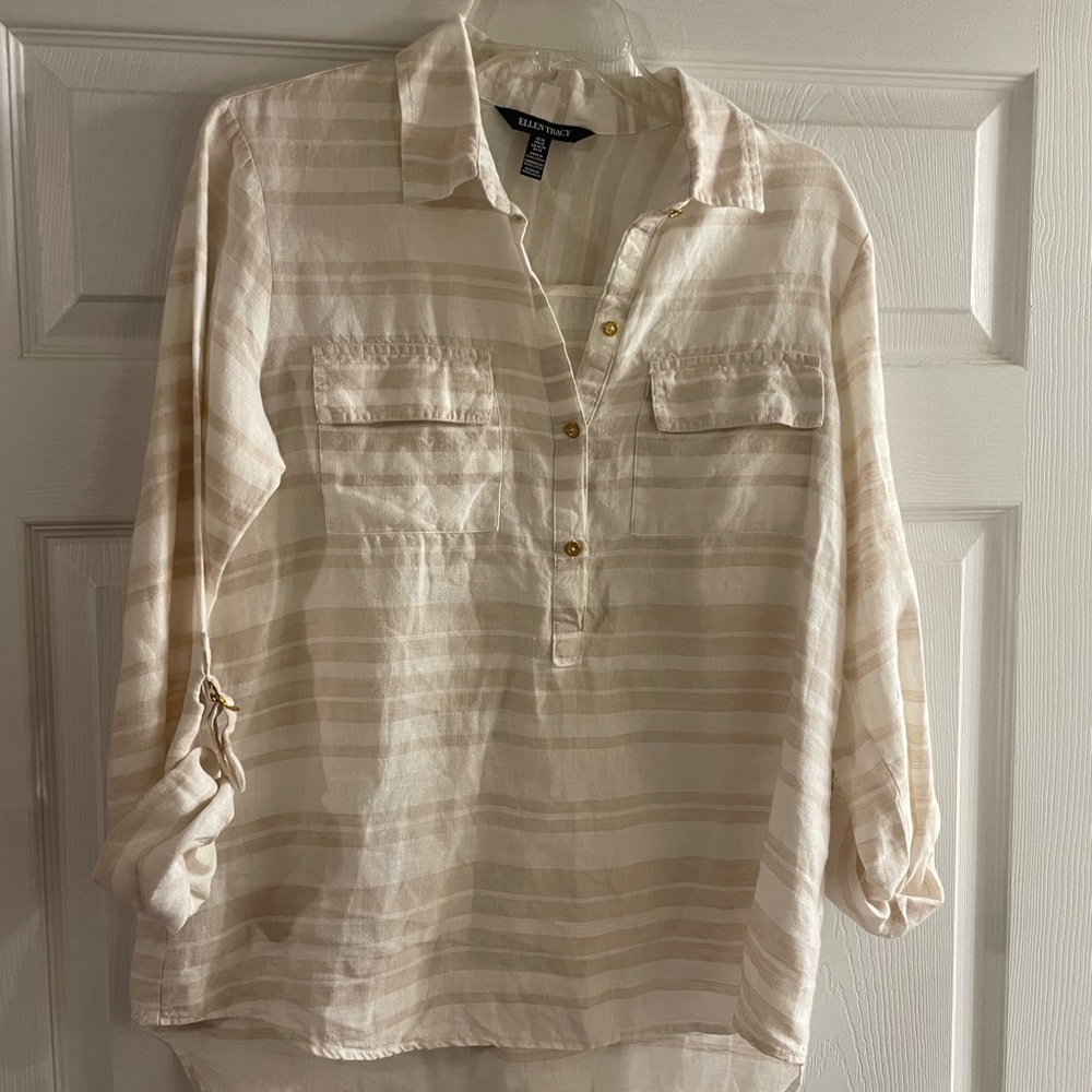 Ellen Tracy Cream Striped Blouse with Gold Accents